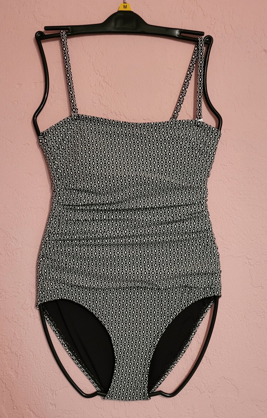 DKNY Bandeau Maillot Blak and White FTZ Front Shirring Diamond Swimsuit Medium